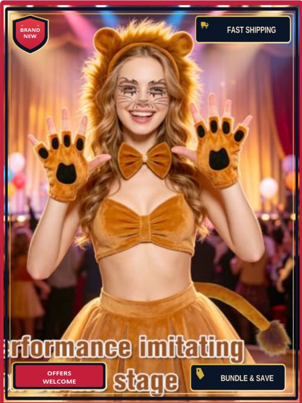 5 Piece Lion Costume Set for Women Halloween Accessory Kit - Picture 3 of 6